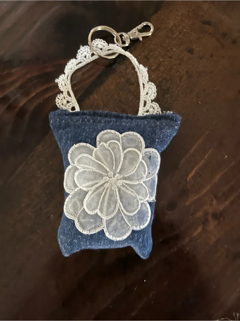 Lace Strap Denim Keychain with White Floral Applique